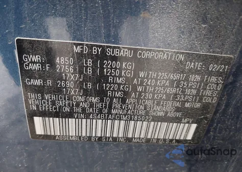 2021 Subaru Outback Premium из США, поврежденный, VIN 4S4BTAFC1M3185022